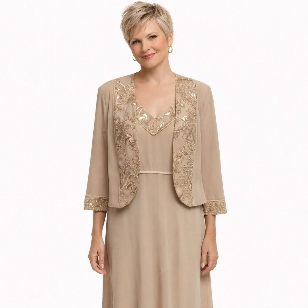 LE BOS Size 10 Champagne Mother of Bride Sleeveless Dress & Sheer Jacket NEW